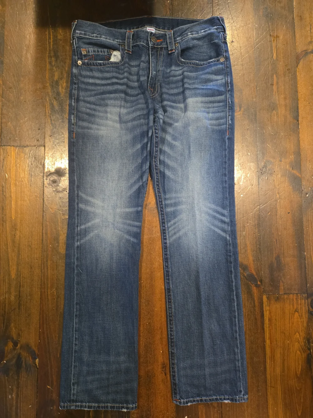 True Religion Ricky Straight Jeans Men 36 Blue Red Stitch 100% Cotton Rigid